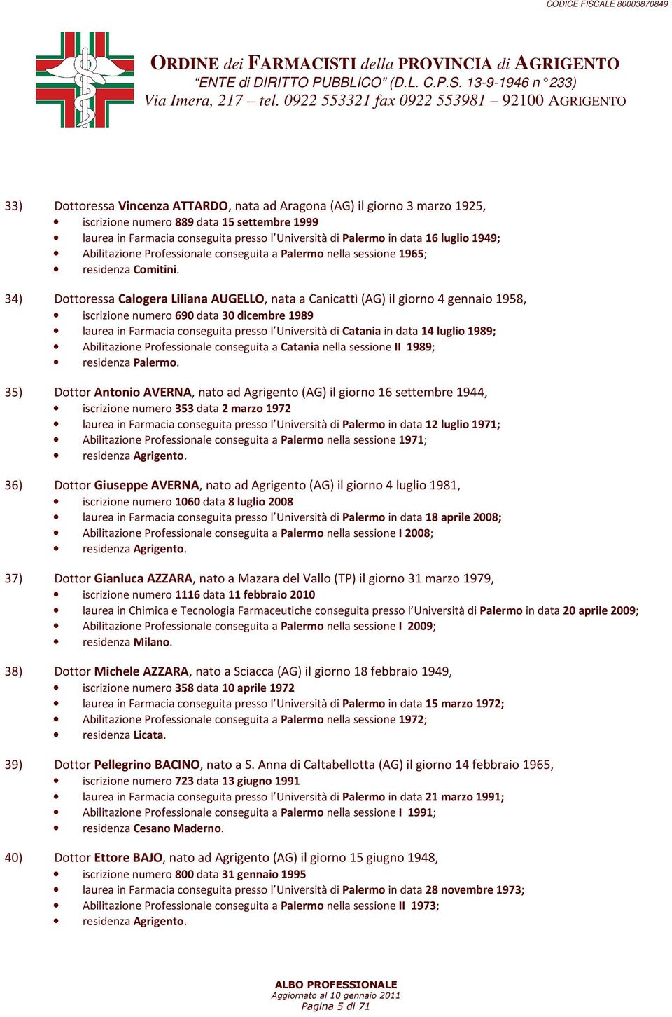 34) Dottoressa Calogera Liliana AUGELLO, nata a Canicattì (AG) il giorno 4 gennaio 1958, iscrizione numero 690 data 30 dicembre 1989 laurea in Farmacia conseguita presso l Università di Catania in