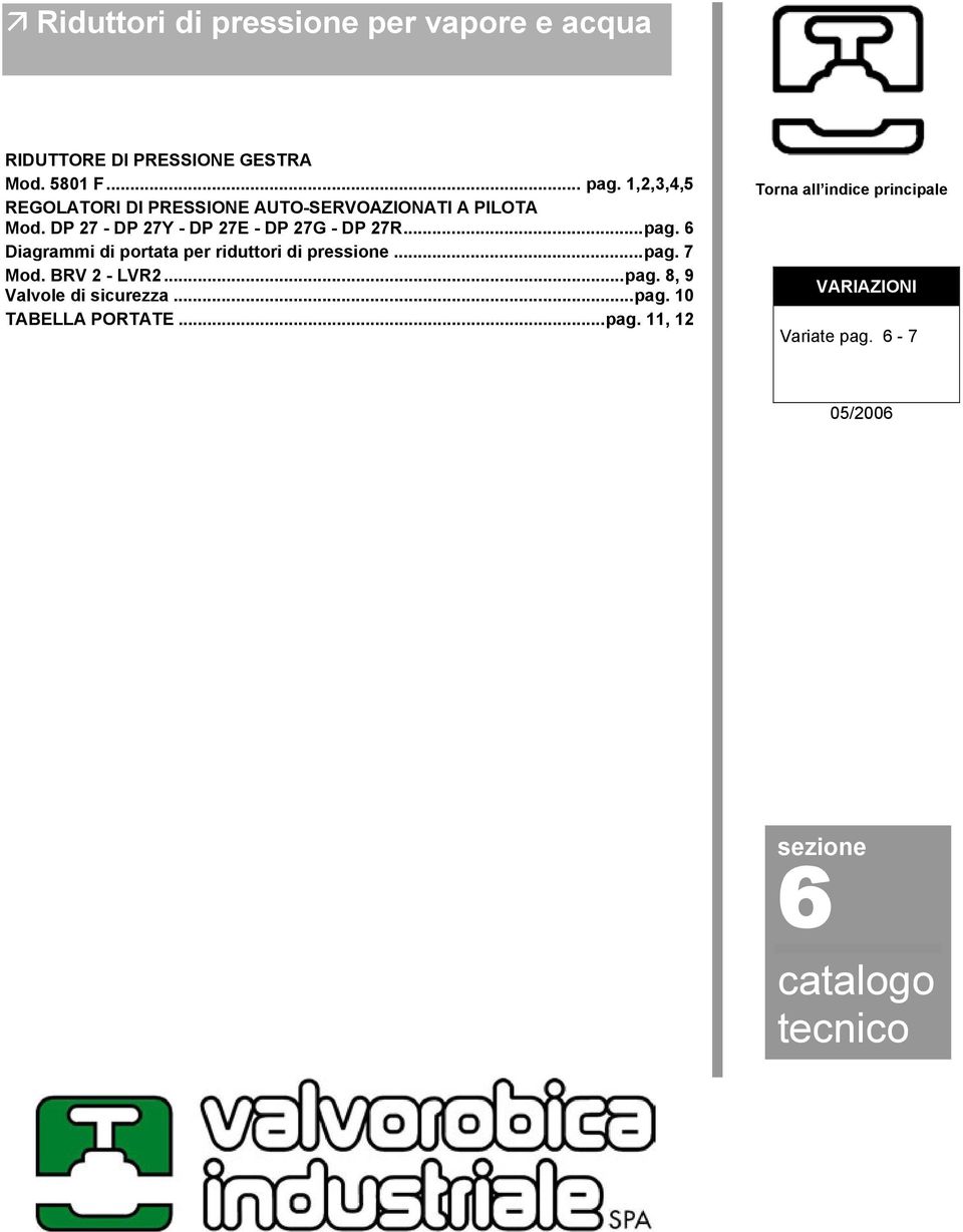 ..pag. 6 Diagrammi di portata per riduttori di pressione...pag. 7 Mod. BRV 2 - LVR2...pag. 8, 9 Valvole di sicurezza.