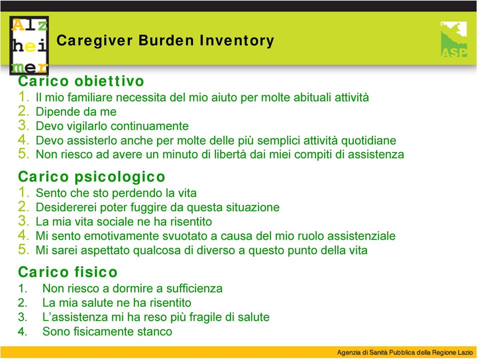 Sento che sto perdendo la vita 2. Desidererei poter fuggire da questa situazione 3. La mia vita sociale ne ha risentito 4.