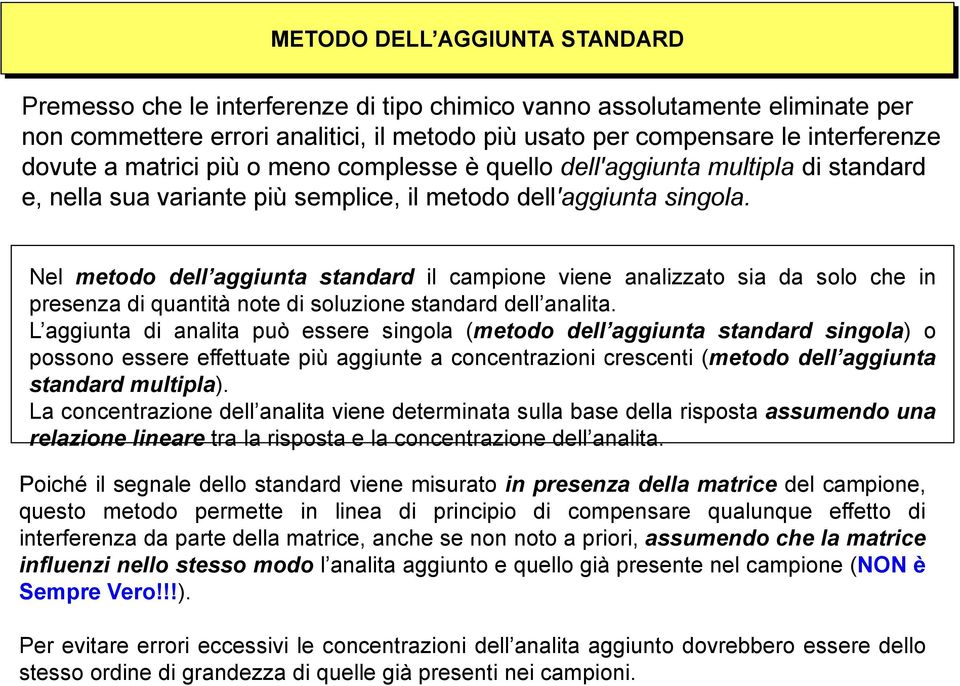 Nel metodo dell aggiunta standard il campione viene analizzato sia da solo che in presenza di quantità note di soluzione standard dell analita.