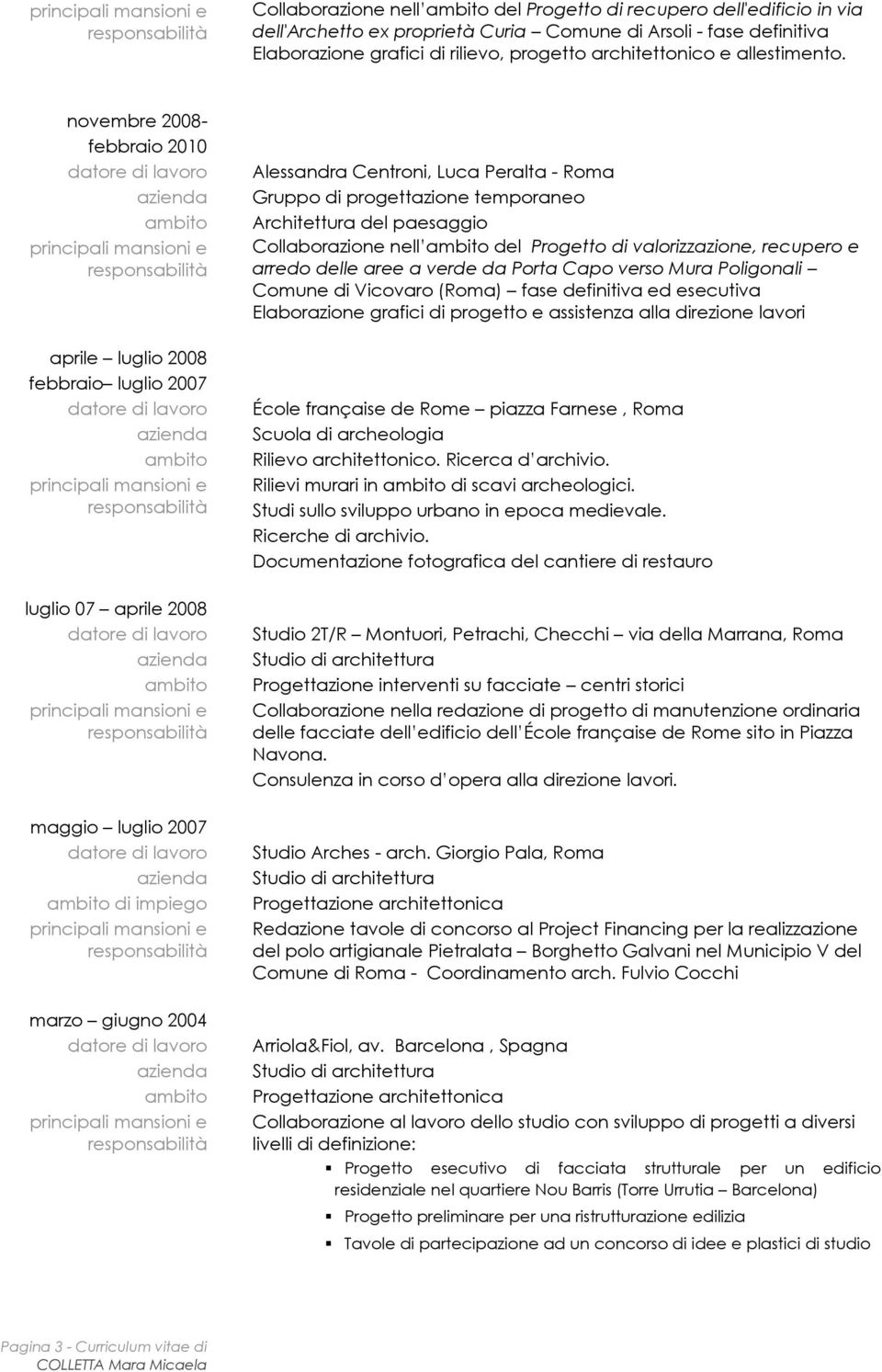 novembre 2008- febbraio 2010 aprile luglio 2008 febbraio luglio 2007 luglio 07 aprile 2008 maggio luglio 2007 di impiego marzo giugno 2004 Alessandra Centroni, Luca Peralta - Roma Gruppo di