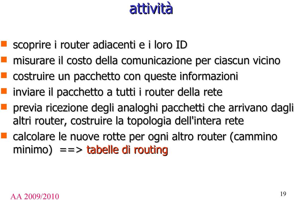 rete previa ricezione degli analoghi pacchetti che arrivano dagli altri router, costruire la