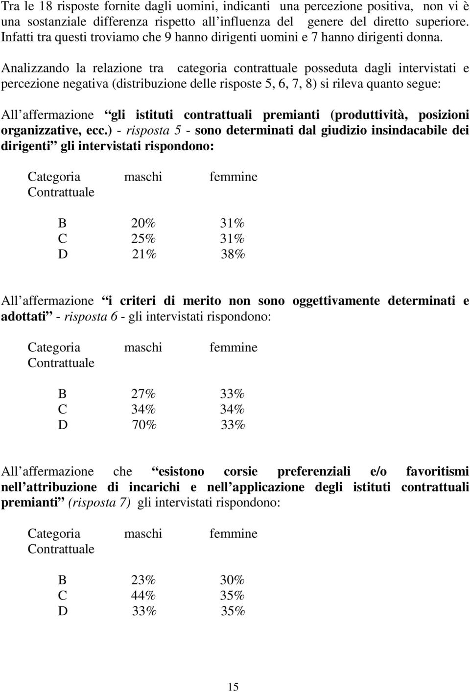 Analizzando la relazione tra categoria contrattuale posseduta dagli intervistati e percezione negativa (distribuzione delle risposte 5, 6, 7, 8) si rileva quanto segue: All affermazione gli istituti