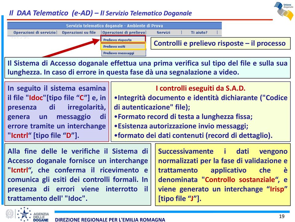 In seguito il sistema esamina il file "Idoc"[tipo file C ] e, in presenza di irregolarità, genera un messaggio di errore tramite un interchange "Icntrl [tipo file D 