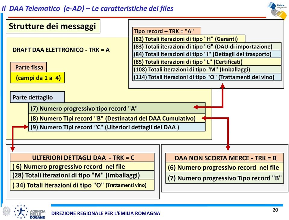 di tipo "M" (Imballaggi) (114) Totali iterazioni di tipo "O" (Trattamenti del vino) Parte dettaglio (7) Numero progressivo tipo record "A" (8) Numero Tipi record "B" (Destinatari del DAA Cumulativo)