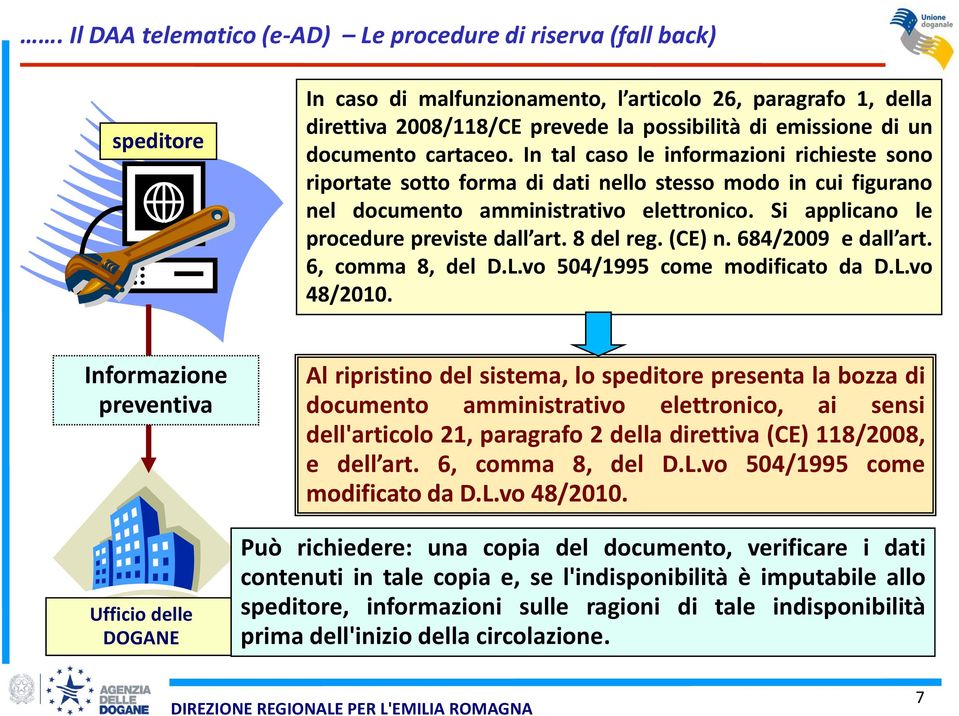 Si applicano le procedure previste dall art. 8 del reg. (CE) n. 684/2009 e dall art. 6, comma 8, del D.L.vo 504/1995 come modificato da D.L.vo 48/2010.