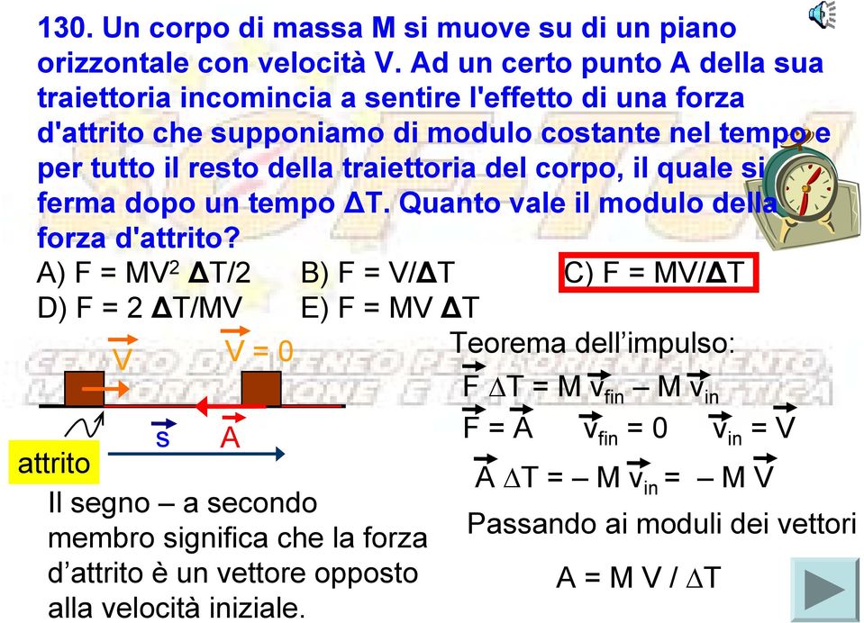 traiettoria del corpo, il quale si ferma dopo un tempo ΔT. Quanto vale il modulo della forza d'attrito?