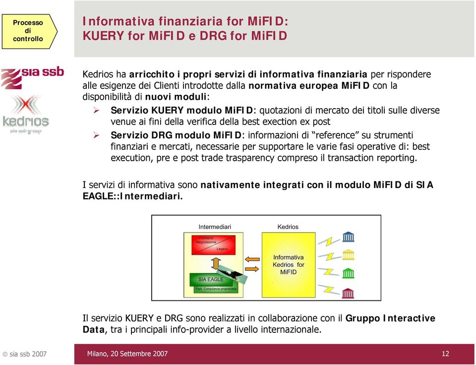 post Servizio DRG modulo MiFID: informazioni di reference su strumenti finanziari e mercati, necessarie per supportare le varie fasi operative di: best execution, pre e post trade trasparency