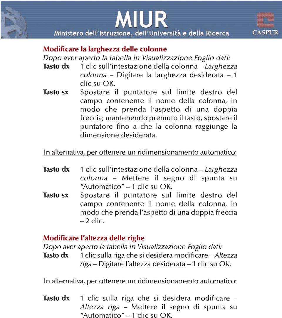 Tasto sx Spostare il puntatore sul limite destro del campo contenente il nome della colonna, in modo che prenda l aspetto di una doppia freccia; mantenendo premuto il tasto, spostare il puntatore