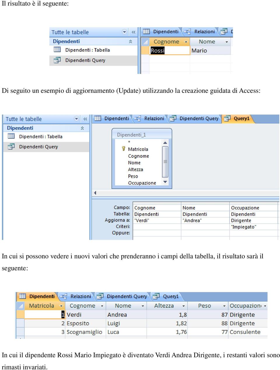 i campi della tabella, il risultato sarà il seguente: In cui il dipendente Rossi Mario