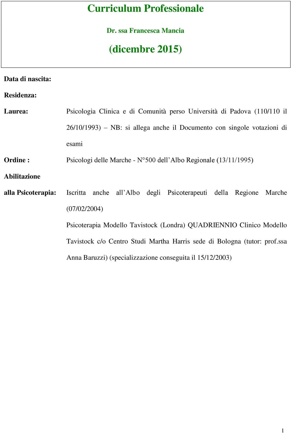 NB: si allega anche il Documento con singole votazioni di esami Ordine : Psicologi delle Marche - N 500 dell Albo Regionale (13/11/1995) Abilitazione alla