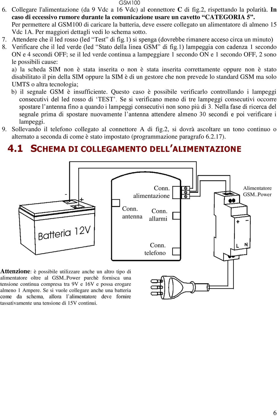 1) si spenga (dovrebbe rimanere acceso circa un minuto) 8. Verificare che il led verde (led Stato della linea GSM di fig.