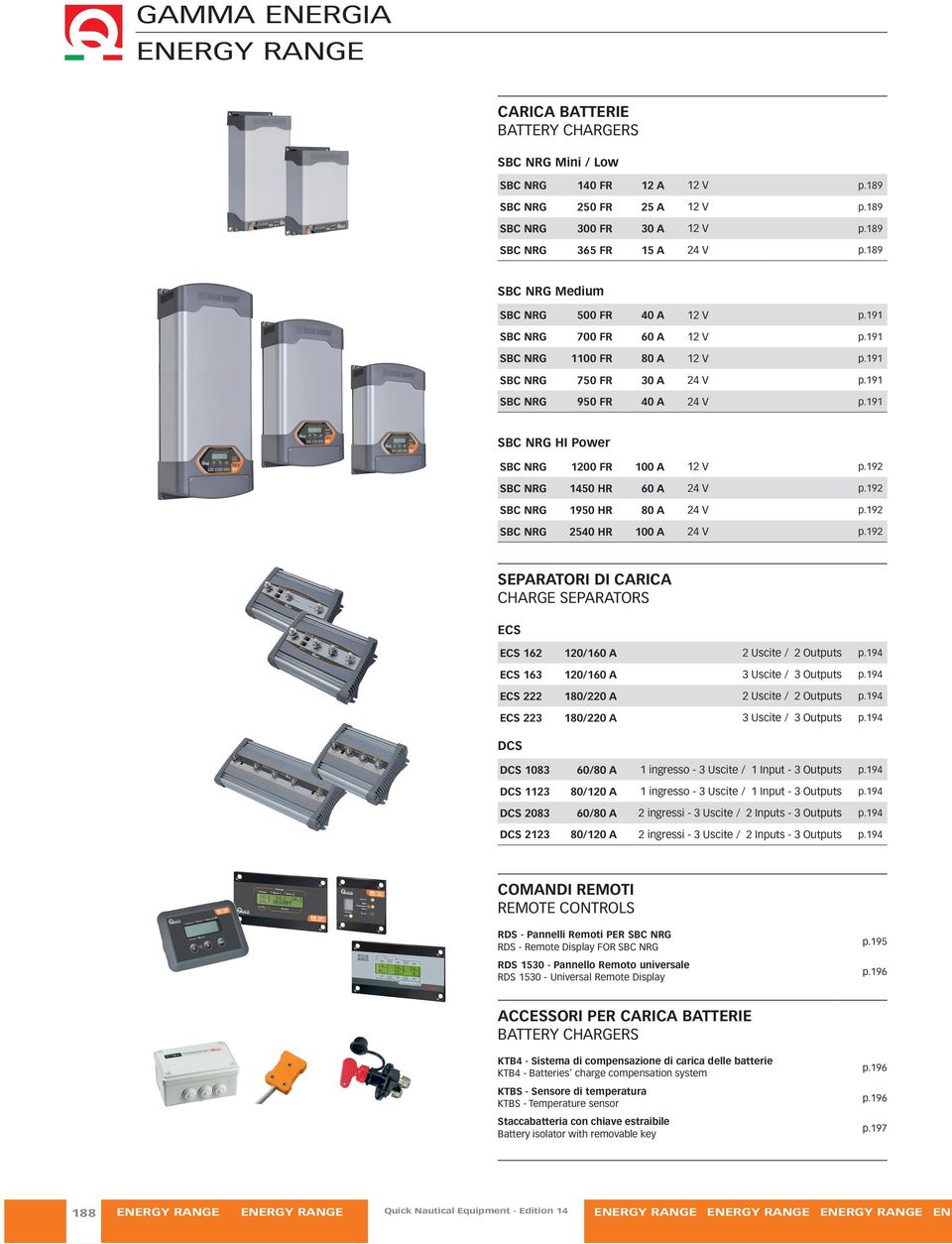 191 SBC NRG HI Power SBC NRG 1200 FR 100 A 12 V p.192 SBC NRG 1450 HR 60 A 24 V p.192 SBC NRG 1950 HR 80 A 24 V p.192 SBC NRG 2540 HR 100 A 24 V p.