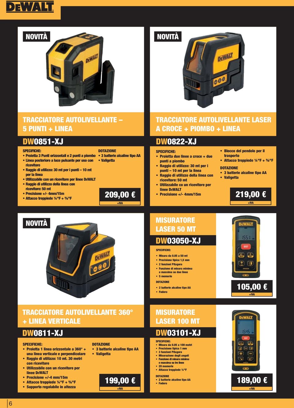 alcaline tipo AA Valigetta 209,00 TRACCIATORE AUTOLIVELLANTE LASER A CROCE + PIOMBO + LINEA DW0822-XJ Proietta due linee a croce + due punti a piombo Raggio di utilizzo: 30 mt per i punti 10 mt per