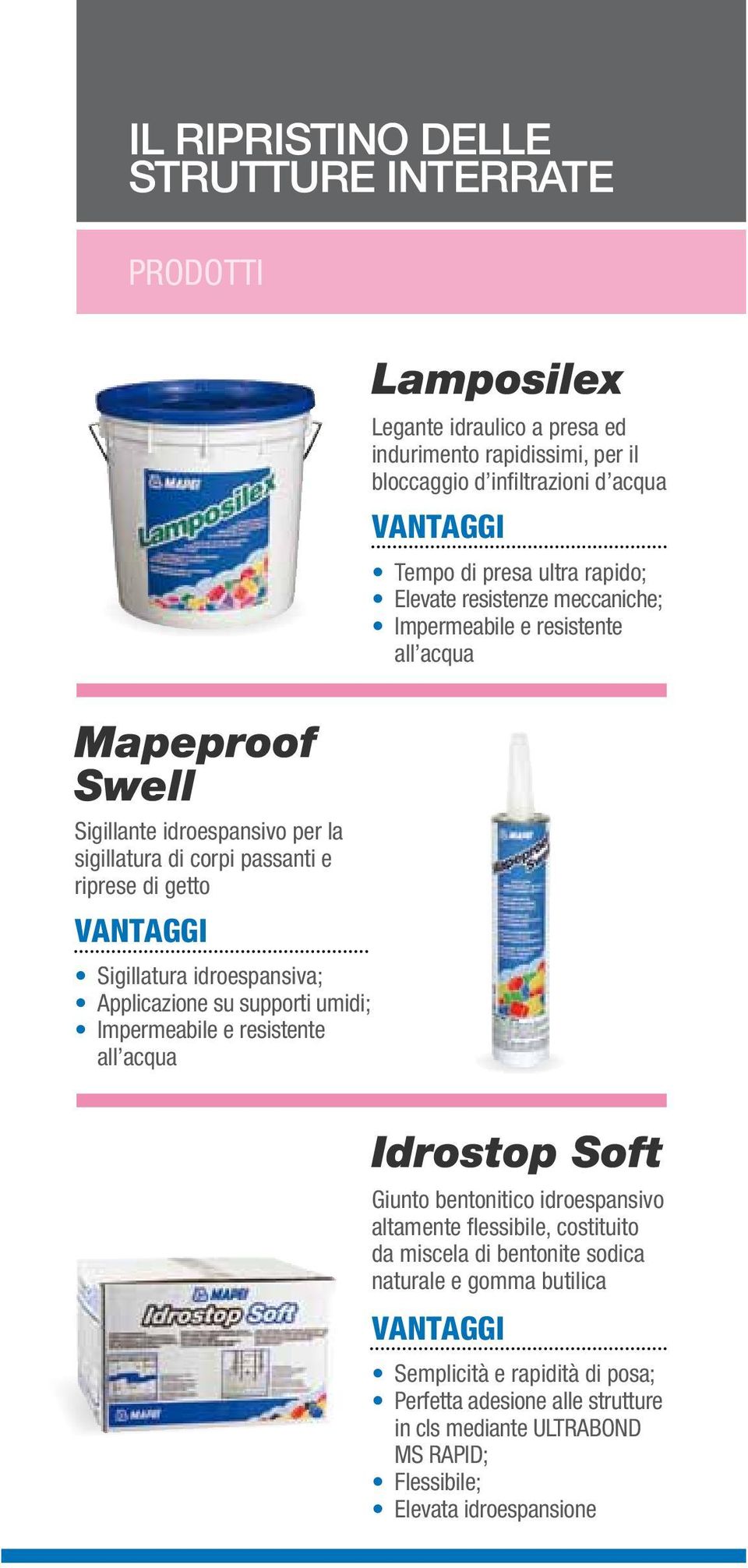 Tempo di presa ultra rapido; Elevate resistenze meccaniche; Impermeabile e resistente all acqua Idrostop Soft Giunto bentonitico idroespansivo altamente flessibile, costituito da