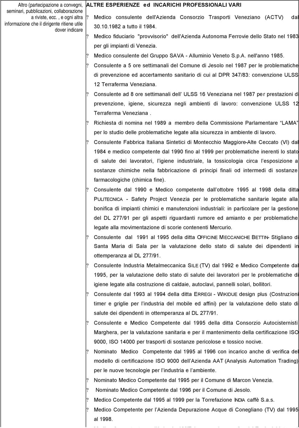 10.1982 a tutto il 1984.? Medico fiduciario "provvisorio" dell'azienda Autonoma Ferrovie dello Stato nel 1983 per gli impianti di Venezia.? Medico consulente del Gruppo SAVA - Alluminio Veneto S.p.A. nell'anno 1985.