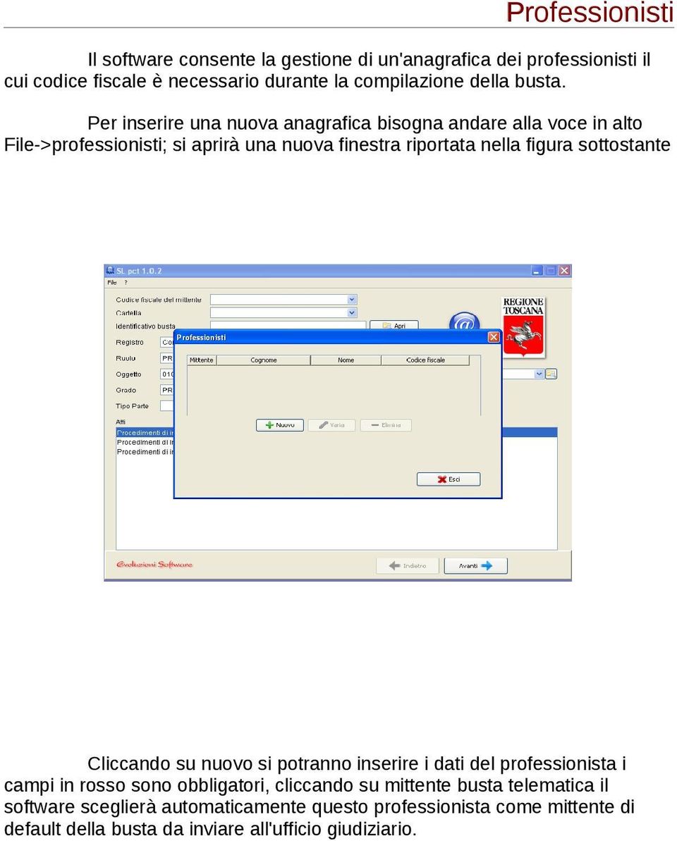 Per inserire una nuova anagrafica bisogna andare alla voce in alto File->professionisti; si aprirà una nuova finestra riportata nella figura