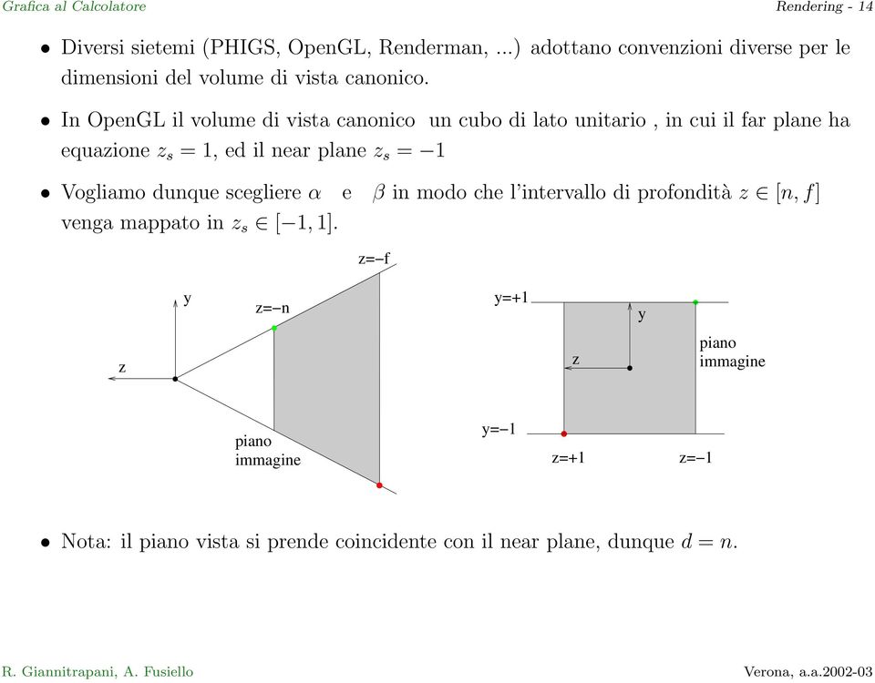 In OpenGL il volume di vista canonico un cubo di lato unitario, in cui il far plane ha equazione z s = 1, ed il near plane z s = 1