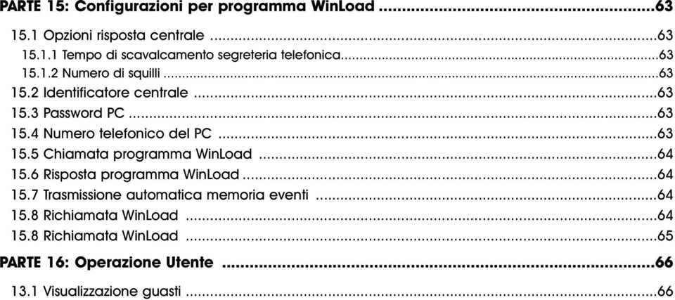 ..64 15.6 Risposta programma WinLoad...64 15.7 Trasmissione automatica memoria eventi...64 15.8 Richiamata WinLoad.