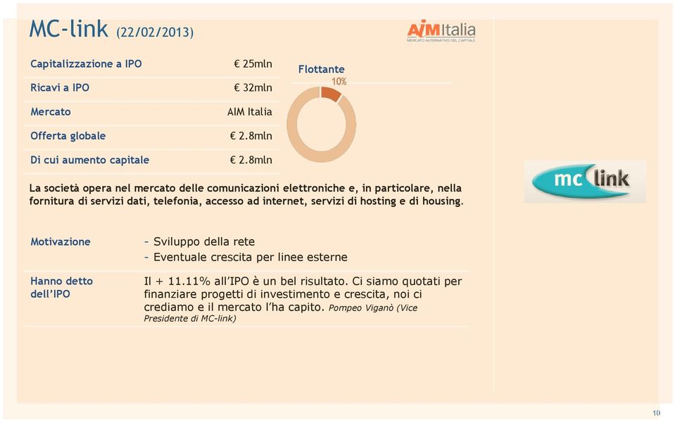 internet, servizi di hosting e di housing. Motivazione Hanno detto dell IPO - Sviluppo della rete - Eventuale crescita per linee esterne Il + 11.