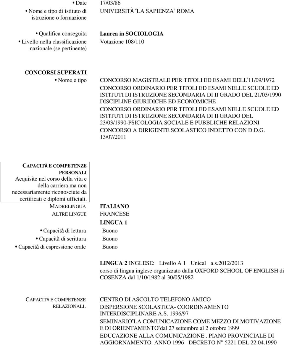 GRADO DEL 21/03/1990 DISCIPLINE GIURIDICHE ED ECONOMICHE CONCORSO ORDINARIO PER TITOLI ED ESAMI NELLE SCUOLE ED ISTITUTI DI ISTRUZIONE SECONDARIA DI II GRADO DEL 23/03/1990-PSICOLOGIA SOCIALE E