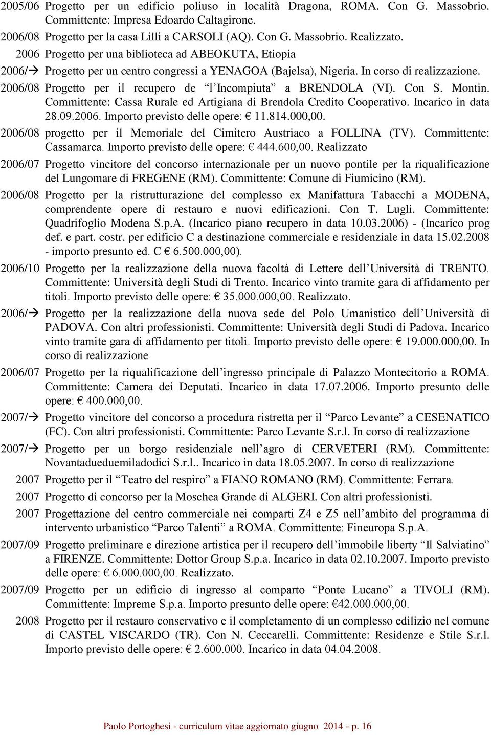 2006/08 Progetto per il recupero de l Incompiuta a BRENDOLA (VI). Con S. Montin. Committente: Cassa Rurale ed Artigiana di Brendola Credito Cooperativo. Incarico in data 28.09.2006. Importo previsto delle opere: 11.