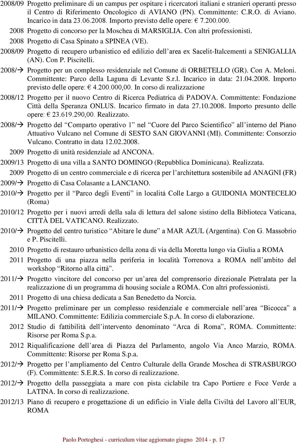 2008/09 Progetto di recupero urbanistico ed edilizio dell area ex Sacelit-Italcementi a SENIGALLIA (AN). Con P. Piscitelli. 2008/ Progetto per un complesso residenziale nel Comune di ORBETELLO (GR).