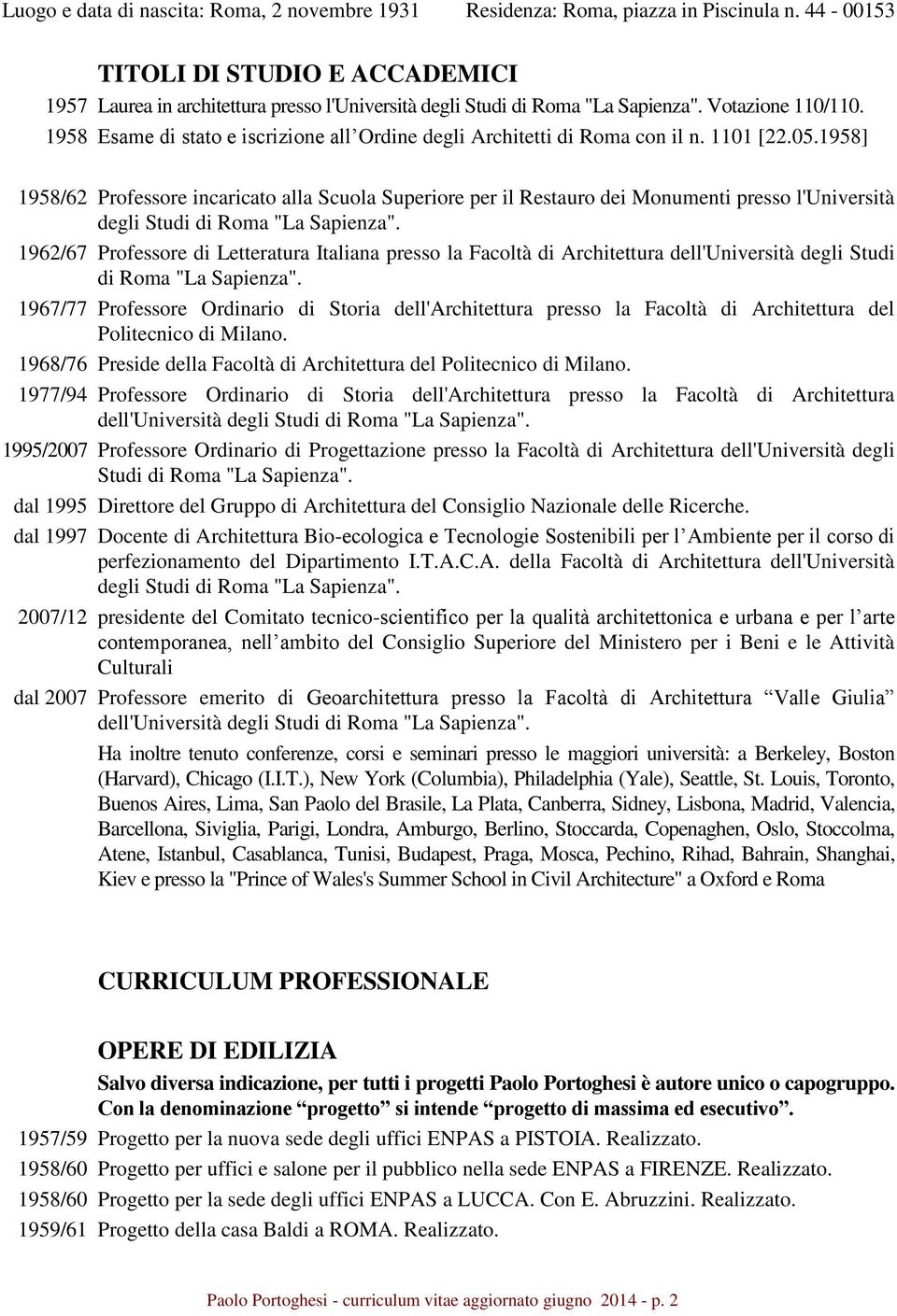1958 Esame di stato e iscrizione all Ordine degli Architetti di Roma con il n. 1101 [22.05.