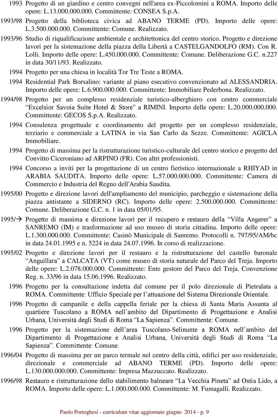 Progetto e direzione lavori per la sistemazione della piazza della Libertà a CASTELGANDOLFO (RM). Con R. Lolli. Importo delle opere: L.450.000.000. Committente: Comune. Deliberazione G.C. n.