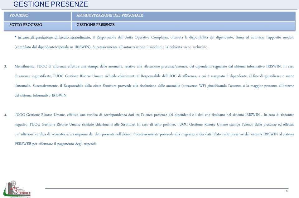 Mensilmente, l UOC di afferenza effettua una stampa delle anomalie, relative alla rilevazione presenze/assenze, dei dipendenti segnalate dal sistema informativo IRISWIN.