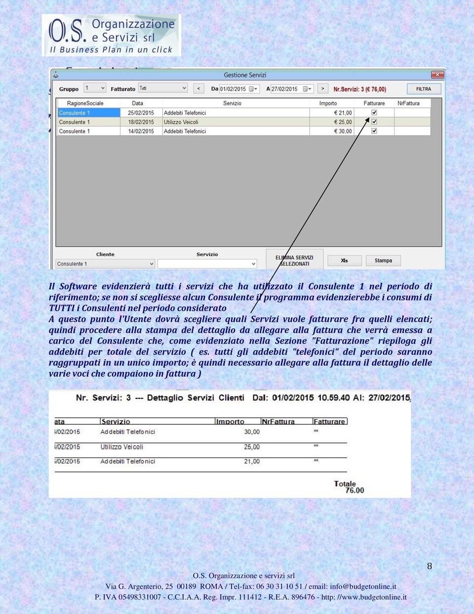 dettaglio da allegare alla fattura che verrà emessa a carico del Consulente che, come evidenziato nella Sezione "Fatturazione" riepiloga gli addebiti per totale del servizio ( es.