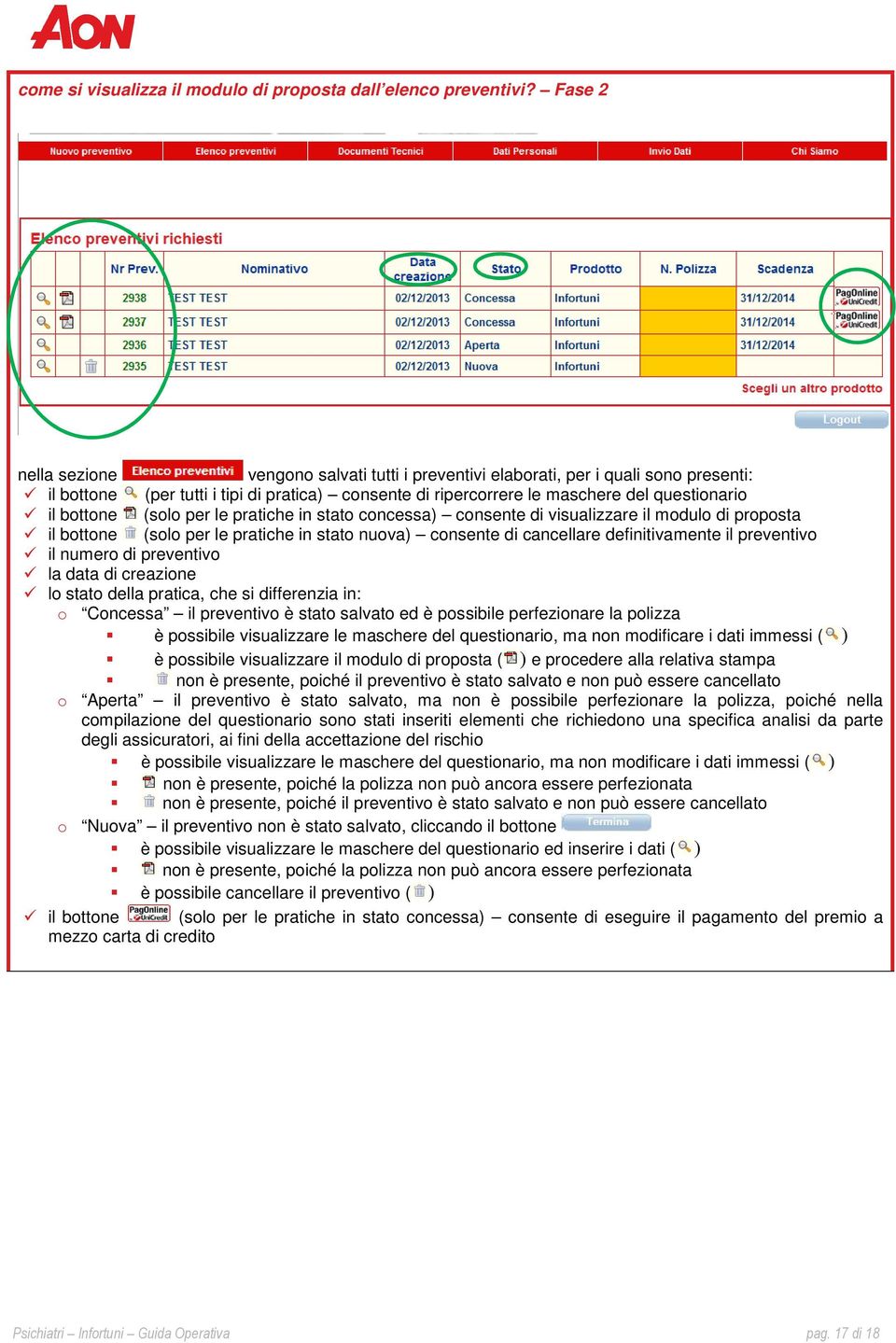 (solo per le pratiche in stato concessa) consente di visualizzare il modulo di proposta il bottone (solo per le pratiche in stato nuova) consente di cancellare definitivamente il preventivo il numero