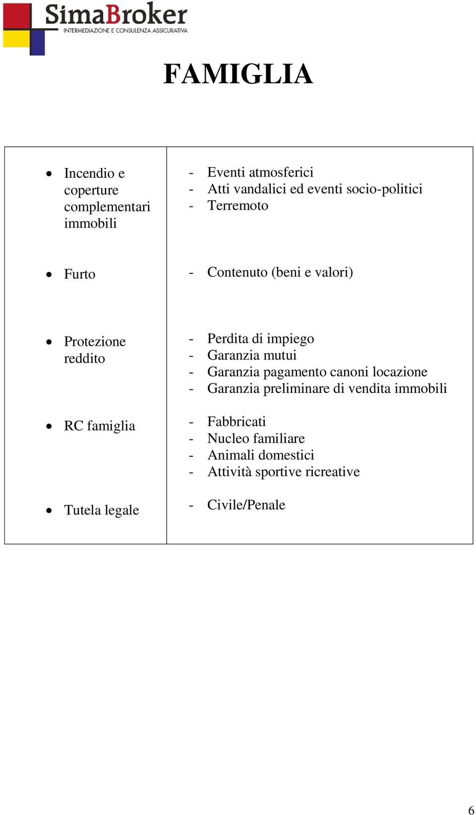 - Perdita di impiego - Garanzia mutui - Garanzia pagamento canoni locazione - Garanzia preliminare di