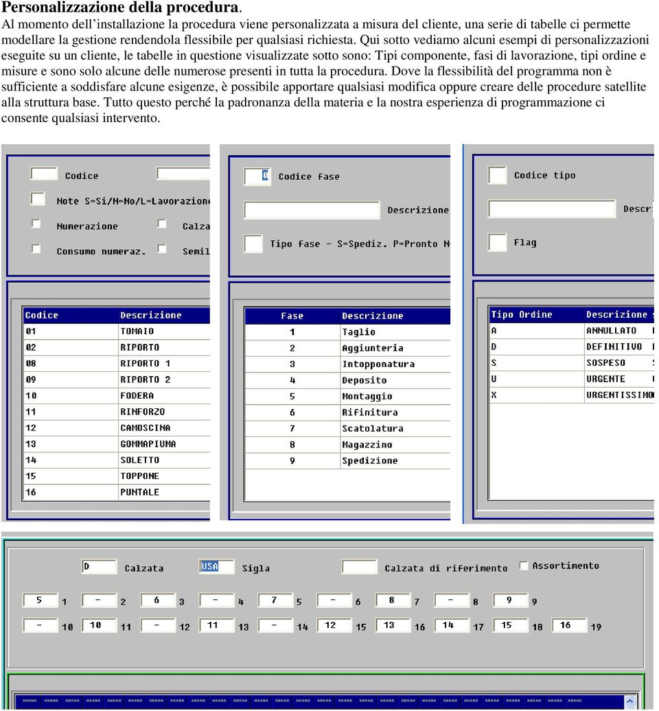 Qui sotto vediamo alcuni esempi di personalizzazioni eseguite su un cliente, le tabelle in questione visualizzate sotto sono: Tipi componente, fasi di lavorazione, tipi ordine e misure e sono