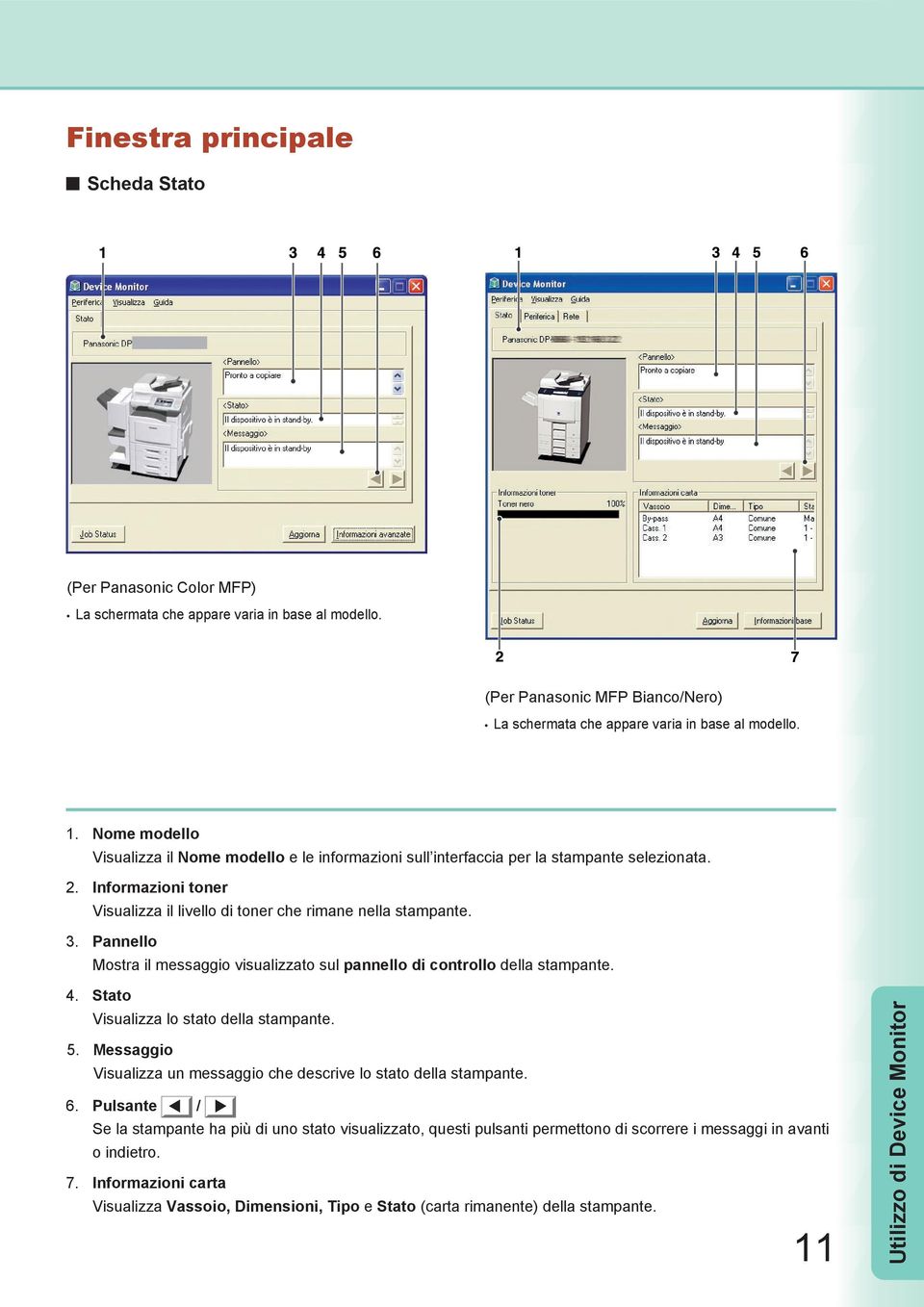 Pannello Mostra il messaggio visualizzato sul pannello di controllo della stampante. 4. Stato Visualizza lo stato della stampante. 5.