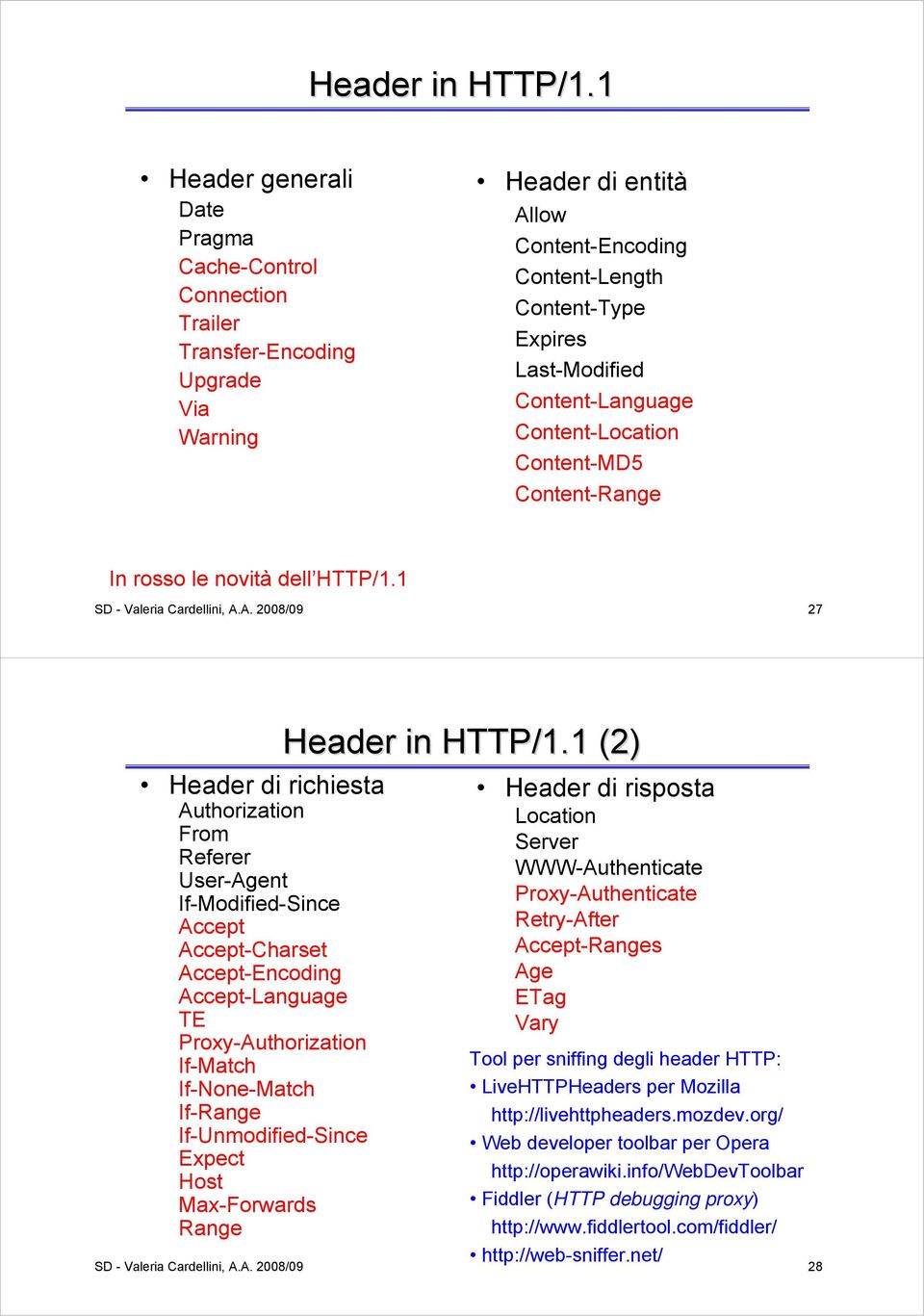 Content-Language Content-Location Content-MD5 Content-Range In rosso le novità dell HTTP/1.1 SD - Valeria Cardellini, A.