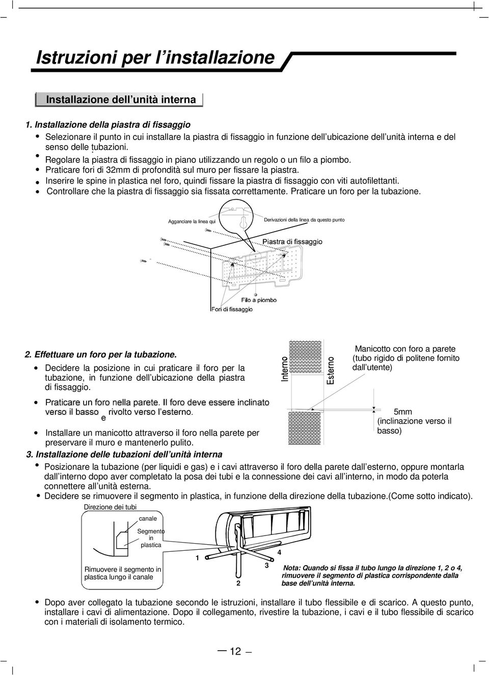 Regolare la piastra di fissaggio in piano utilizzando un regolo o un filo a piombo. Praticare fori di 32mm di profondità sul muro per fissare la piastra.