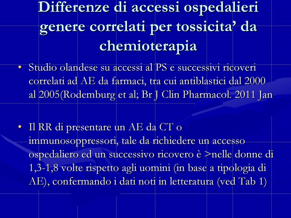 2011 Jan Il RR di presentare un AE da CT o immunosoppressori, tale da richiedere un accesso ospedaliero ed un successivo