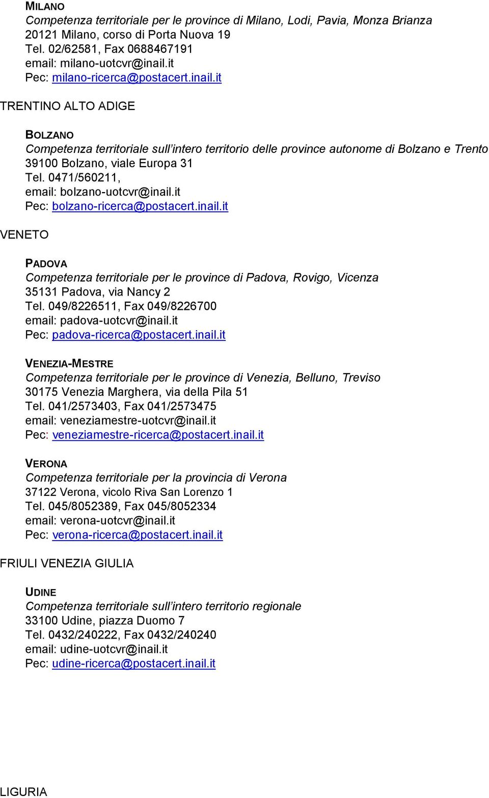 0471/560211, email: bolzano-uotcvr@inail.it Pec: bolzano-ricerca@postacert.inail.it VENETO PADOVA Competenza territoriale per le province di Padova, Rovigo, Vicenza 35131 Padova, via Nancy 2 Tel.
