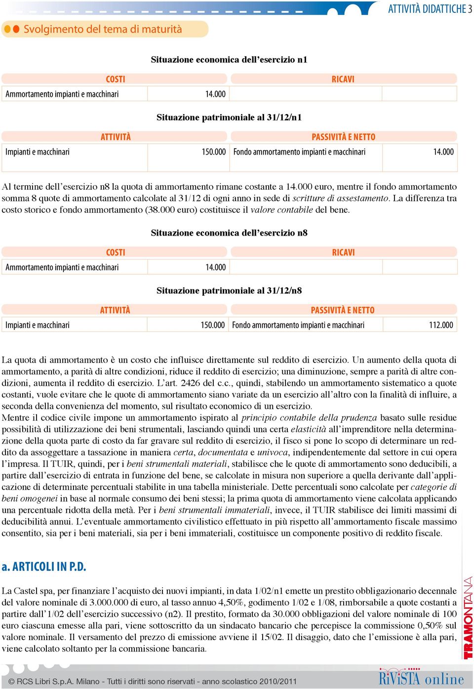 000 Al termine dell esercizio n8 la quota di ammortamento rimane costante a 14.