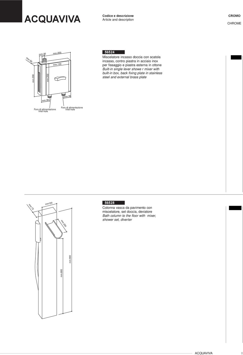 in stainless steel and external brass plate mm.75 mm120 mm.800 mm.