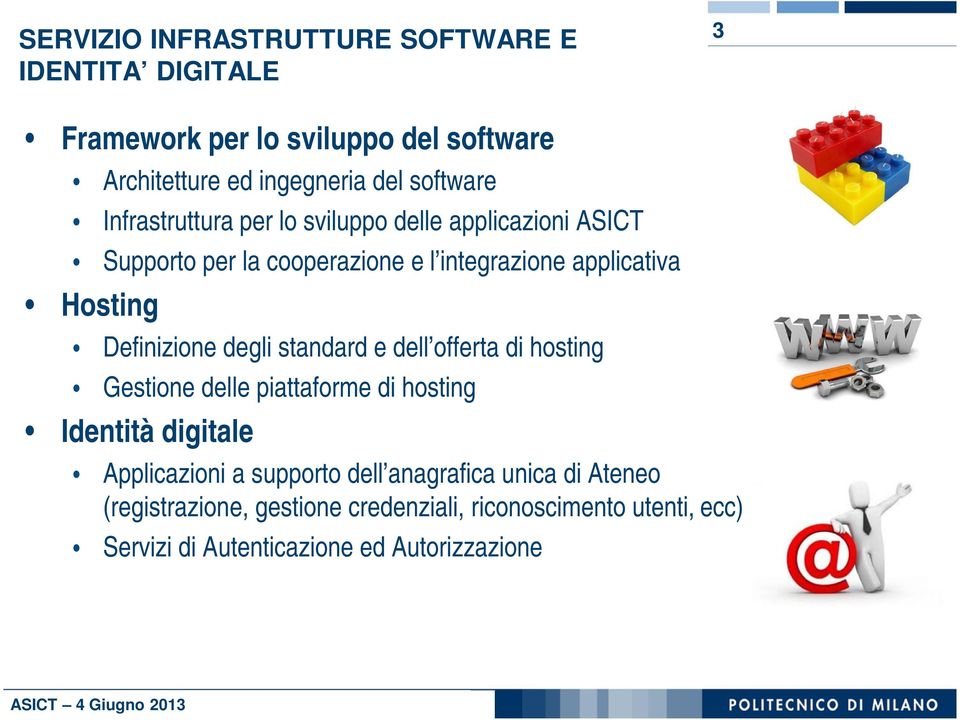 Definizione degli standard e dell offerta di hosting Gestione delle piattaforme di hosting Identità digitale Applicazioni a supporto