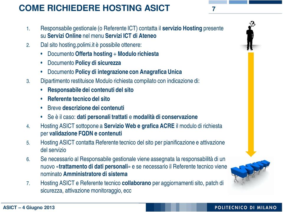 Dipartimento restituisce Modulo richiesta compilato con indicazione di: Responsabile dei contenuti del sito Referente tecnico del sito Breve descrizione dei contenuti Se è il caso: dati personali