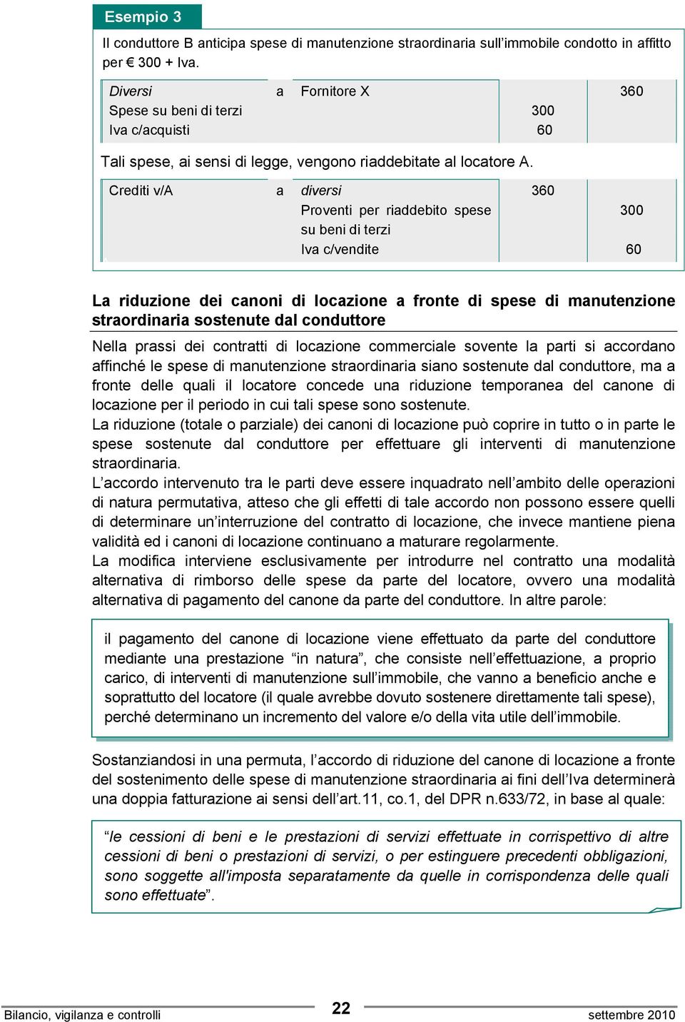 Crediti v/ a diversi 360 Proventi per riaddebito spese 300 su beni di terzi Iva c/vendite 60 La riduzione dei canoni di locazione a fronte di spese di manutenzione straordinaria sostenute dal