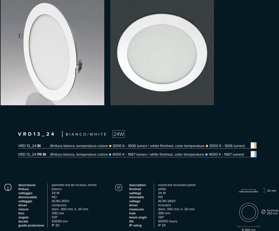 misure foro angolo durata grado protezione pannello led da incasso, tondo bianco 24 W compreso diam. 300 mm, h.