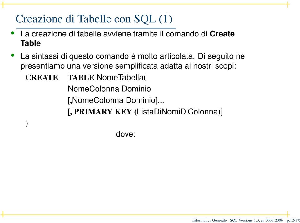 Di seguito ne presentiamo una versione semplificata adatta ai nostri scopi: CREATE ) TABLE