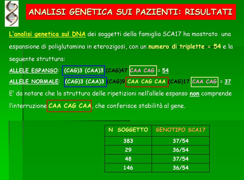 54 ALLELE NORMALE: (CAG)3 (CAA)3 (CAG)9 CAA CAG CAA (CAG)17 CAA CAG = 37 E da notare che la struttura delle ripetizioni nell allele