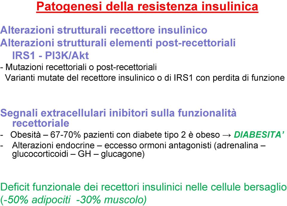 extracellulari inibitori sulla funzionalità recettoriale - Obesità 67-70% pazienti con diabete tipo 2 è obeso DIABESITA - Alterazioni endocrine