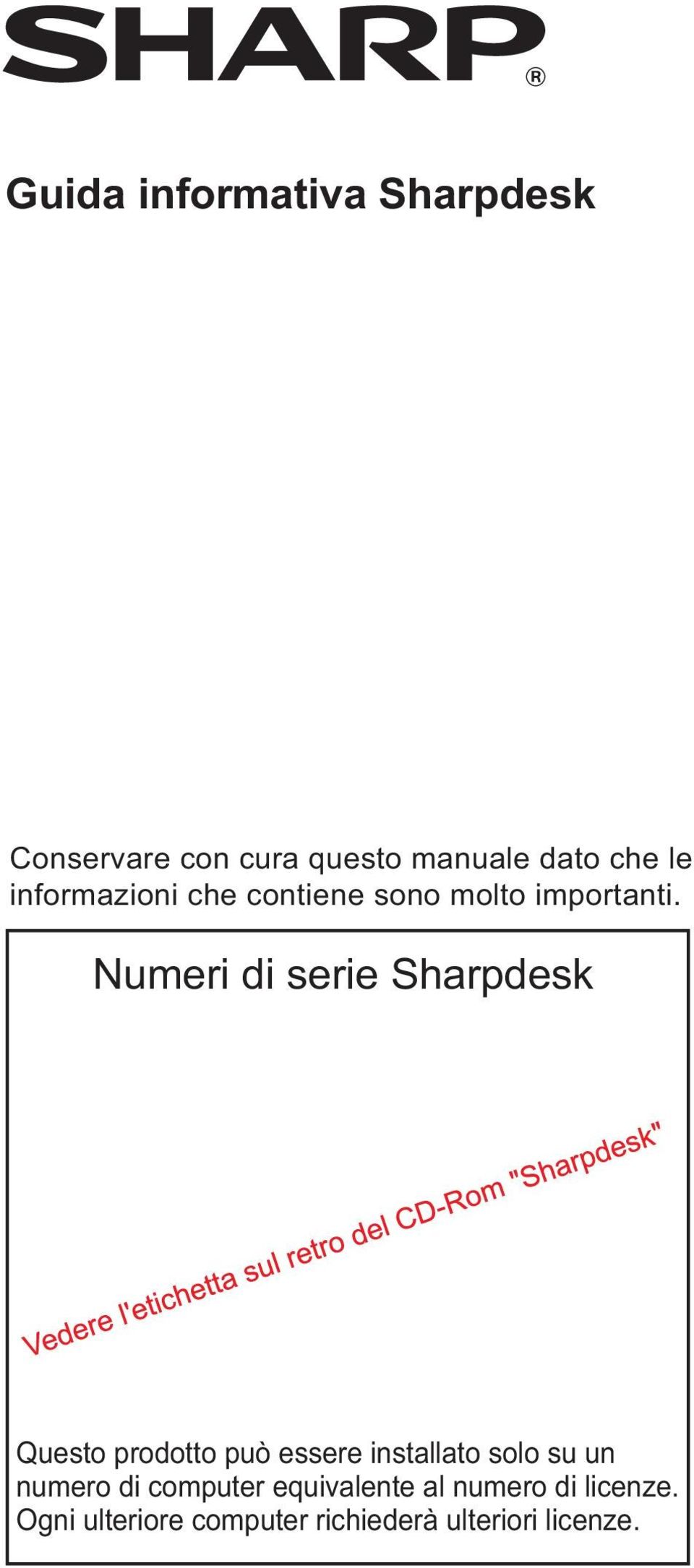 Numeri di serie Sharpdesk Questo prodotto può essere installato solo su un