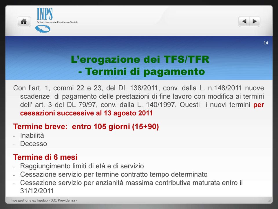 Questi i nuovi termini per cessazioni successive al 13 agosto 2011 Termine breve: entro 105 giorni (15+90) - Inabilità - Decesso Termine di 6 mesi -